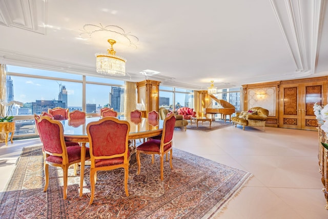 dining room with a notable chandelier, tile patterned flooring, and a city view