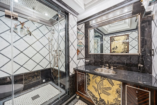 bathroom featuring a stall shower, ornamental molding, decorative backsplash, and vanity