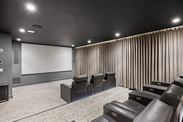 cinema room featuring recessed lighting, carpet flooring, and baseboards