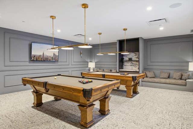 rec room featuring pool table, visible vents, and a decorative wall