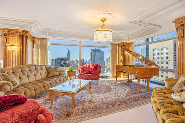 interior space featuring tile patterned flooring, a notable chandelier, expansive windows, and a city view