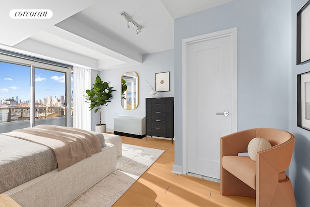 bedroom featuring a city view, rail lighting, visible vents, wood finished floors, and baseboards