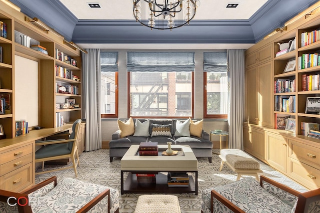sitting room featuring built in desk, an inviting chandelier, built in features, and ornamental molding