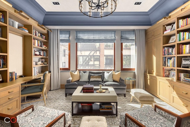 sitting room with an inviting chandelier, ornamental molding, and built in study area