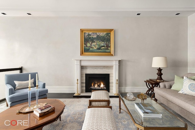 living area featuring a warm lit fireplace, wood finished floors, and baseboards