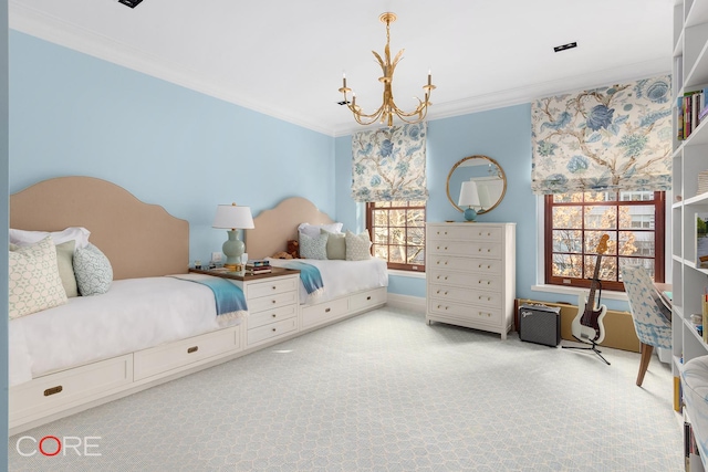 carpeted bedroom with an inviting chandelier and crown molding