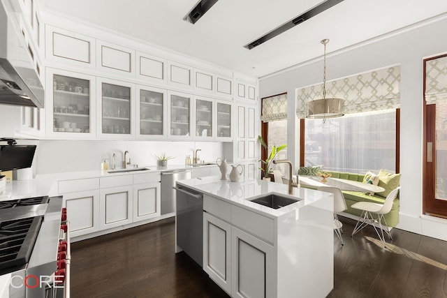kitchen with light countertops, under cabinet range hood, a sink, and appliances with stainless steel finishes