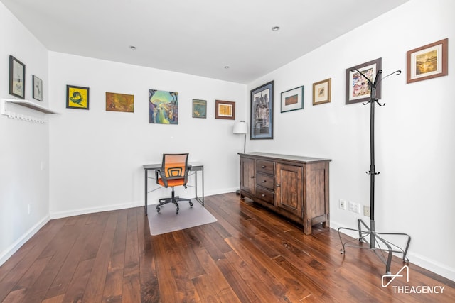 office featuring baseboards and dark wood-style flooring