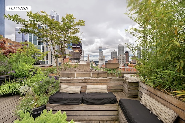 wooden terrace with a view of city