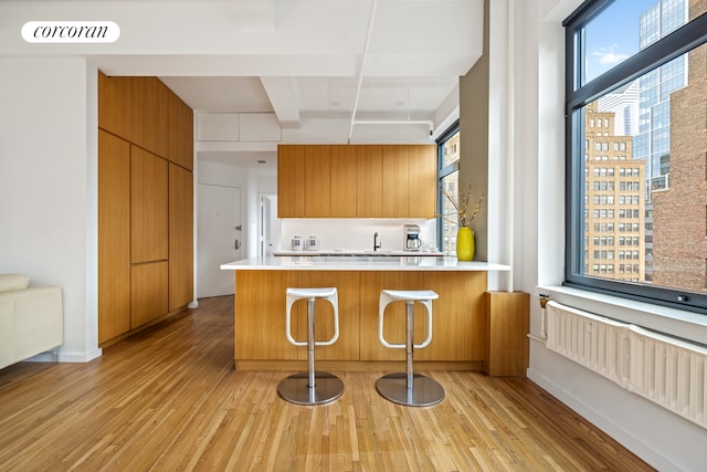 kitchen with light wood finished floors, modern cabinets, visible vents, and light countertops