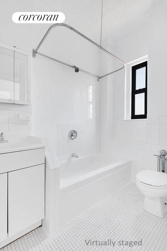 full bath with bathing tub / shower combination, toilet, tile patterned flooring, and vanity