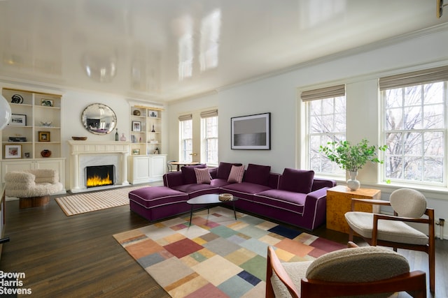 living room with a premium fireplace, wood finished floors, and ornamental molding