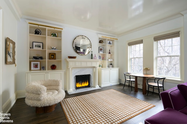 interior space featuring dark wood-style floors, ornamental molding, a high end fireplace, and baseboards