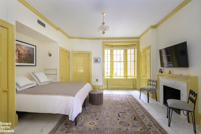 bedroom featuring marble finish floor, a fireplace, visible vents, and ornamental molding