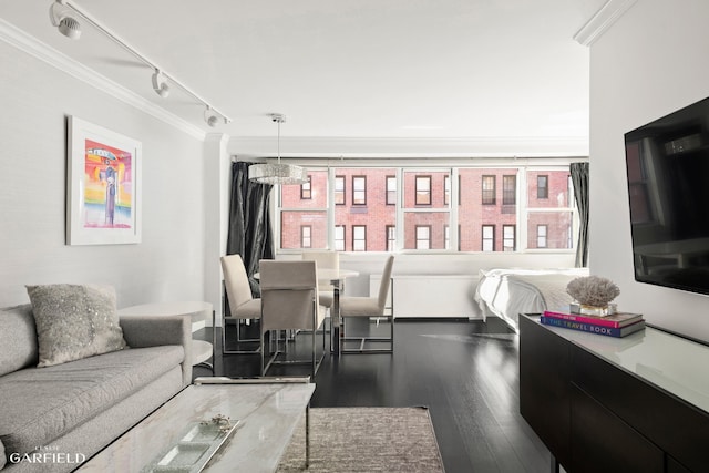 living area featuring ornamental molding, a healthy amount of sunlight, and wood finished floors