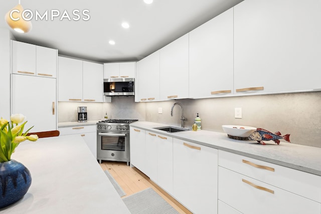 kitchen with light wood-style flooring, a sink, premium appliances, white cabinetry, and light countertops