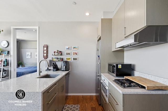 kitchen with dark wood-style floors, appliances with stainless steel finishes, a sink, a peninsula, and under cabinet range hood