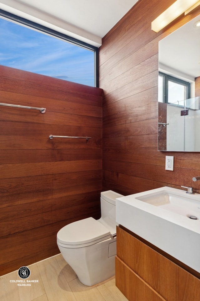 bathroom featuring toilet, wood walls, and vanity