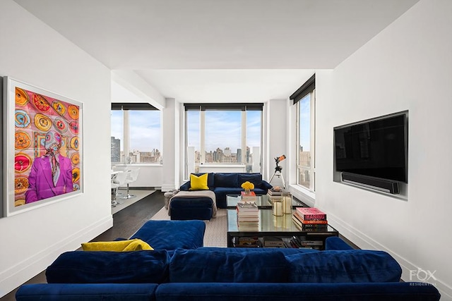 living area with wood finished floors and baseboards