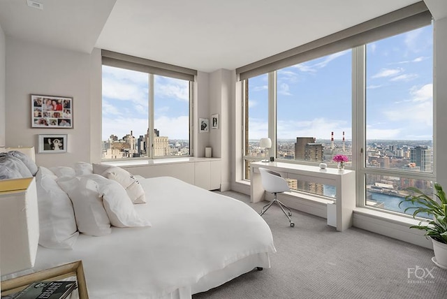 bedroom with light carpet, a view of city, and multiple windows