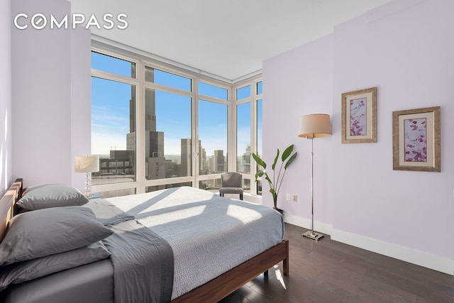 bedroom featuring expansive windows, a city view, dark wood-style flooring, and baseboards