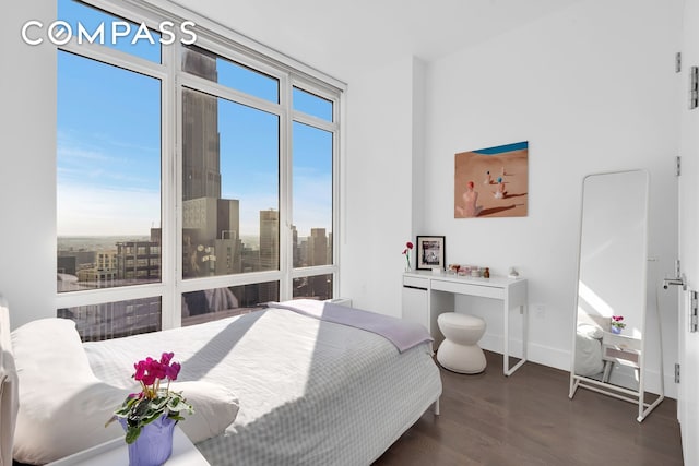 bedroom with a city view, baseboards, and wood finished floors