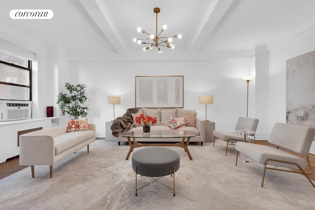 living area featuring cooling unit, visible vents, a chandelier, and beam ceiling