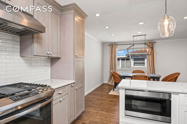 kitchen with ornamental molding, backsplash, wood finished floors, range hood, and appliances with stainless steel finishes