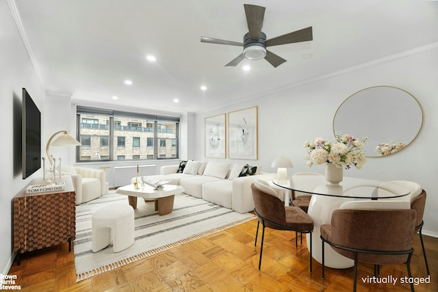 living room with a ceiling fan, crown molding, and recessed lighting