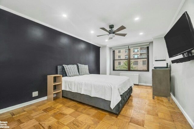 bedroom with ornamental molding, recessed lighting, and baseboards