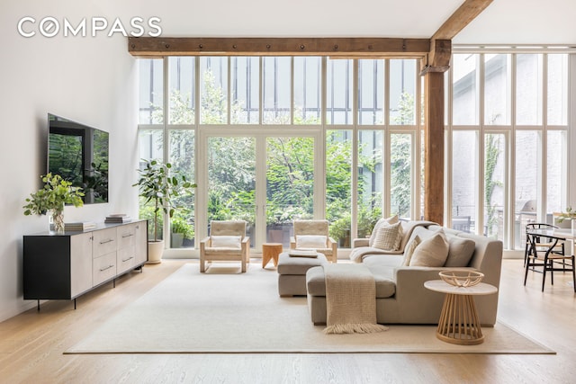 living area featuring a wealth of natural light, expansive windows, and wood finished floors