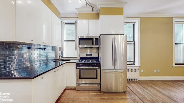 kitchen featuring dark countertops, radiator heating unit, light wood-type flooring, a sink, and appliances with stainless steel finishes