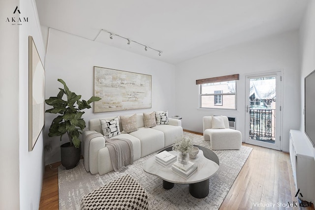 living room featuring light wood-type flooring and track lighting