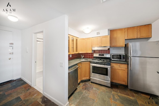 kitchen featuring under cabinet range hood, stone tile floors, stainless steel appliances, a sink, and backsplash