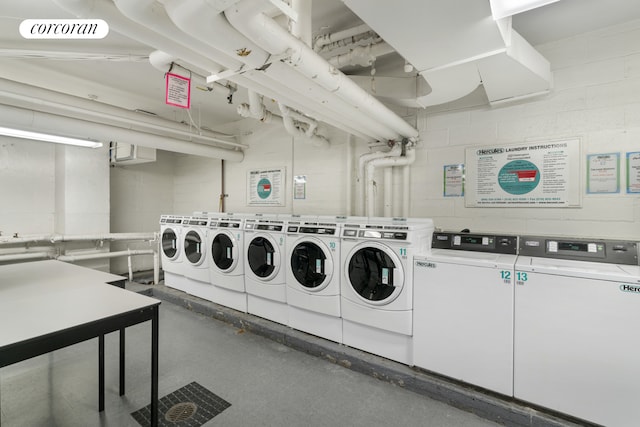 community laundry room featuring visible vents, washing machine and dryer, and concrete block wall