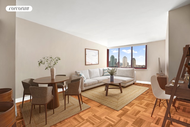 living area featuring baseboards, a view of city, and visible vents