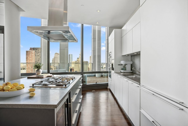 kitchen with dark wood-style floors, modern cabinets, island exhaust hood, and stainless steel gas cooktop