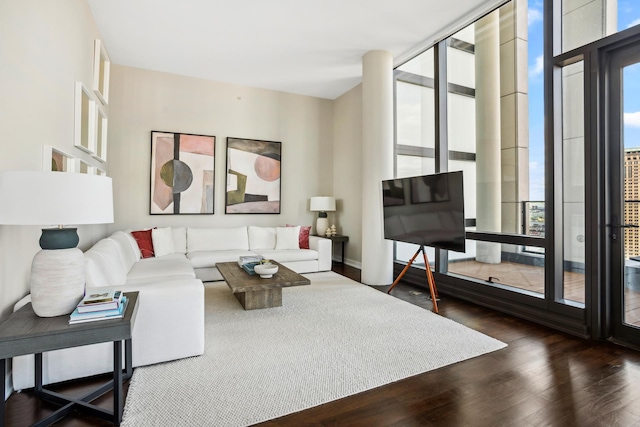 living room featuring baseboards, wood finished floors, and floor to ceiling windows