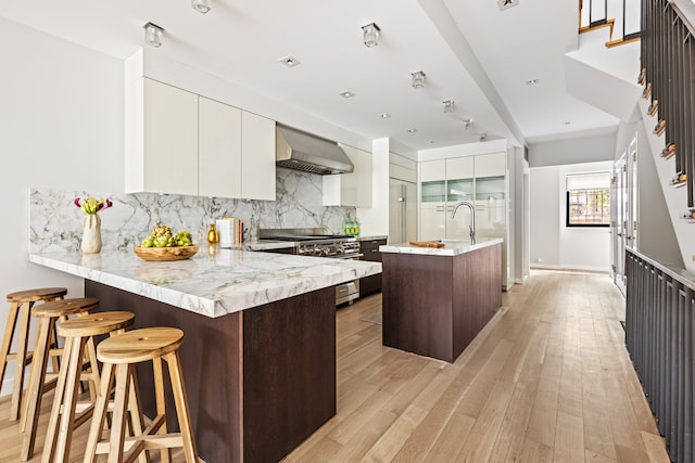 kitchen with light wood-type flooring, decorative backsplash, exhaust hood, white cabinets, and modern cabinets