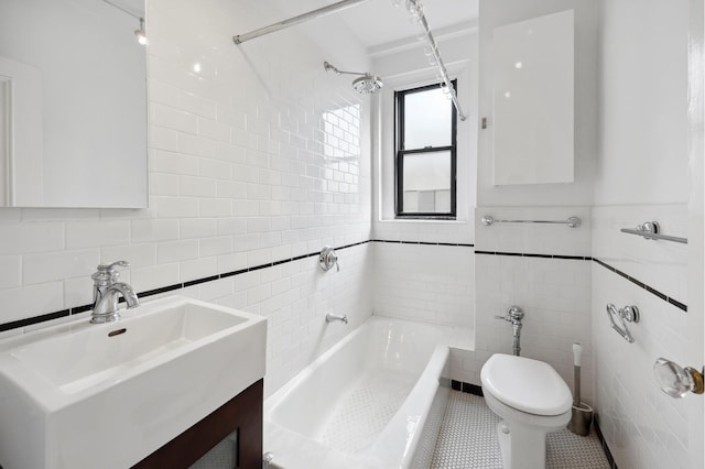 full bathroom featuring a tub to relax in, a shower, toilet, tile patterned flooring, and tile walls