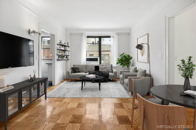 living room with crown molding