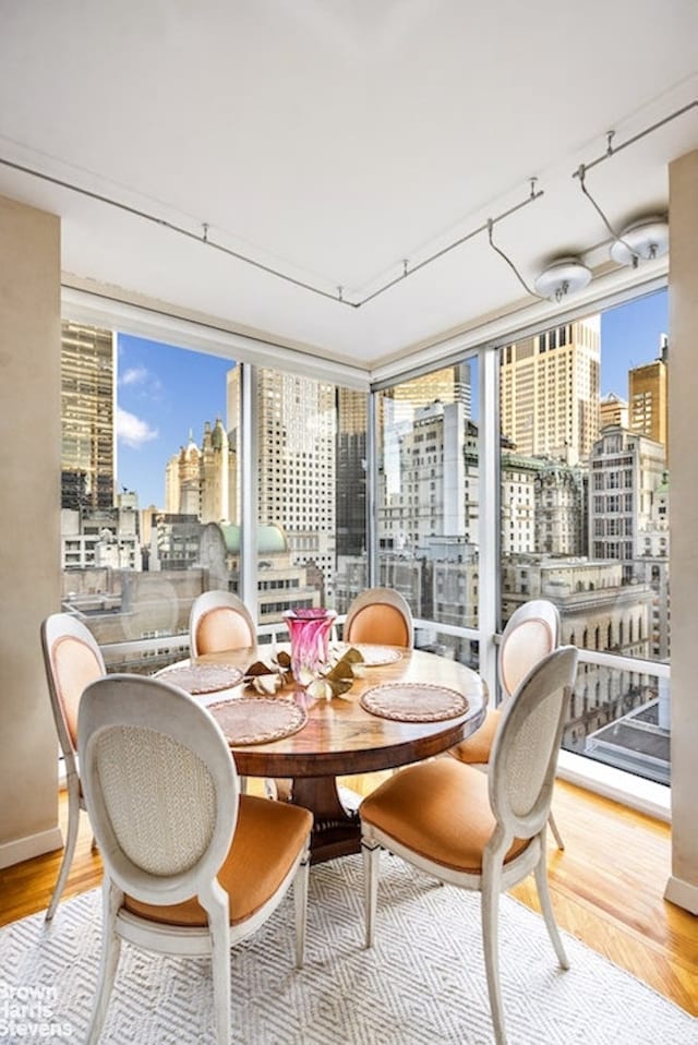 dining area featuring a city view and wood finished floors