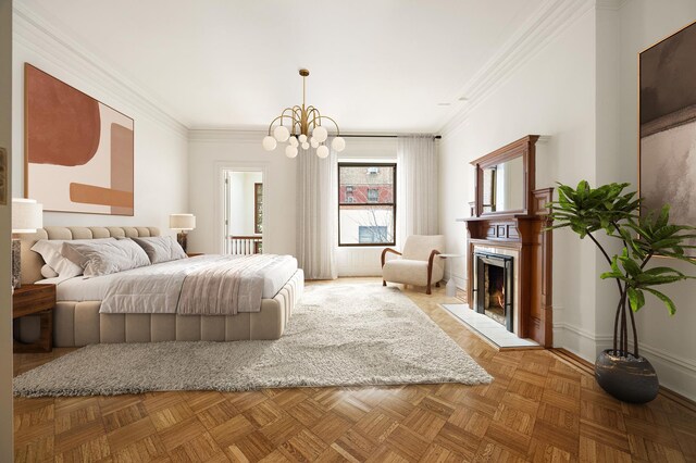 bedroom with a lit fireplace, an inviting chandelier, and crown molding