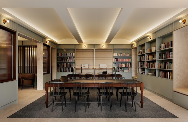 carpeted dining space with built in shelves