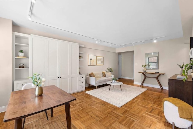 living area featuring rail lighting and baseboards