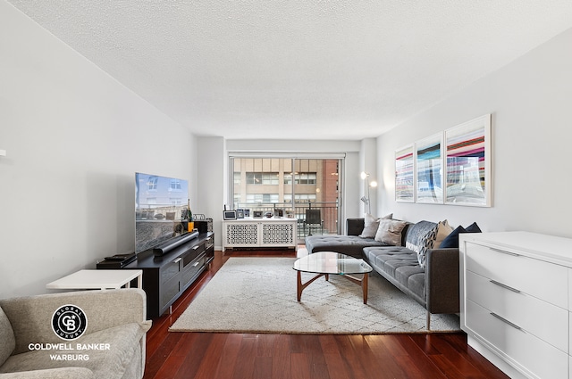 living area with a textured ceiling and dark wood-style flooring