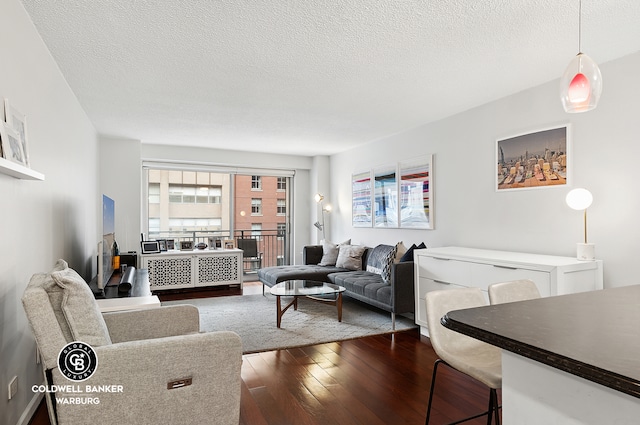 living room with a textured ceiling and hardwood / wood-style floors