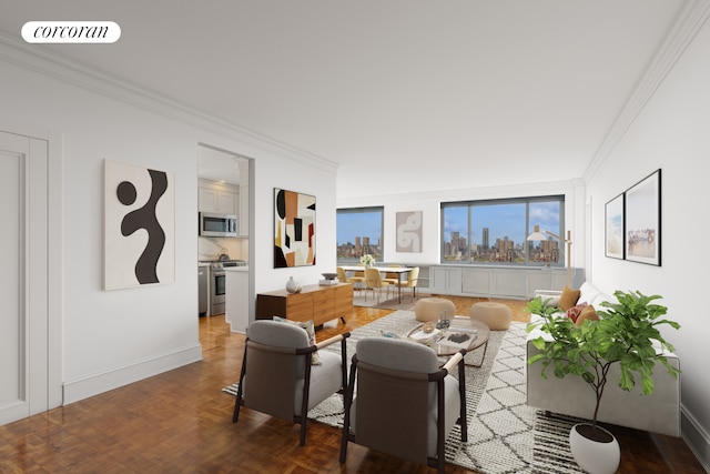 living area featuring a city view, parquet flooring, visible vents, baseboards, and crown molding