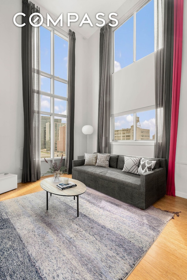 living room with a high ceiling and wood finished floors