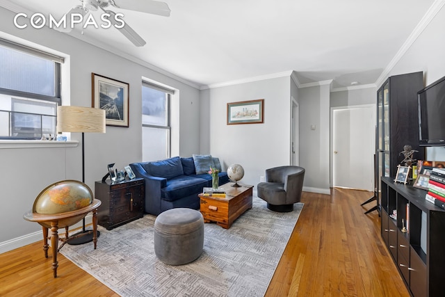 4 W 109th St Unit 6A, New York City, NY 10025 - living room featuring wood finished floors, ceiling fan, and ornamental molding